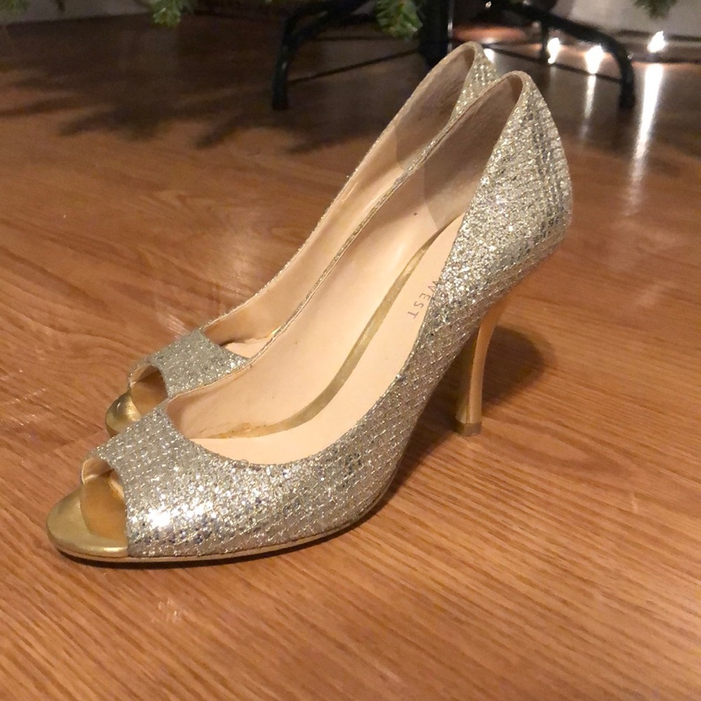 Nine West Glitter Silver Gold Peep Toe Pumps 6.5